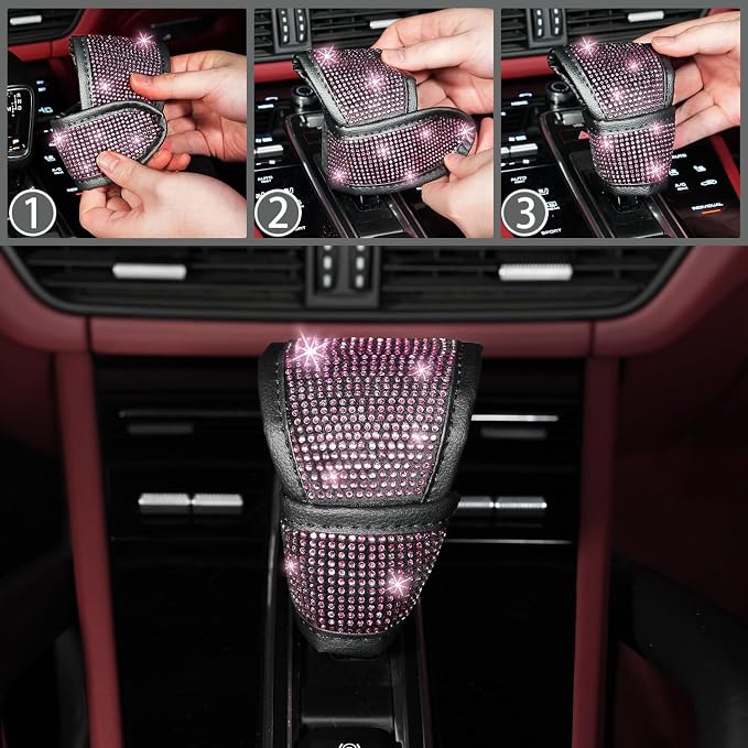 12 Pcs Bling Car Accessories Set for Women Car Floor Mats Full Set Steering Wheel Cover Seat Belt Covers Coasters Universal Fit Car SUV Truck Van Pink