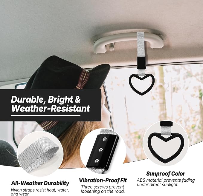 2 Pcs Heart Shaped Car Handle Strap – JD M Drift Charm Rear Bumper Warning Ring Decor for Car Interior Exterior, Subway Bus Handle Accessory, Cute Heart Car Decor Gift for Drivers (Black-Silver)