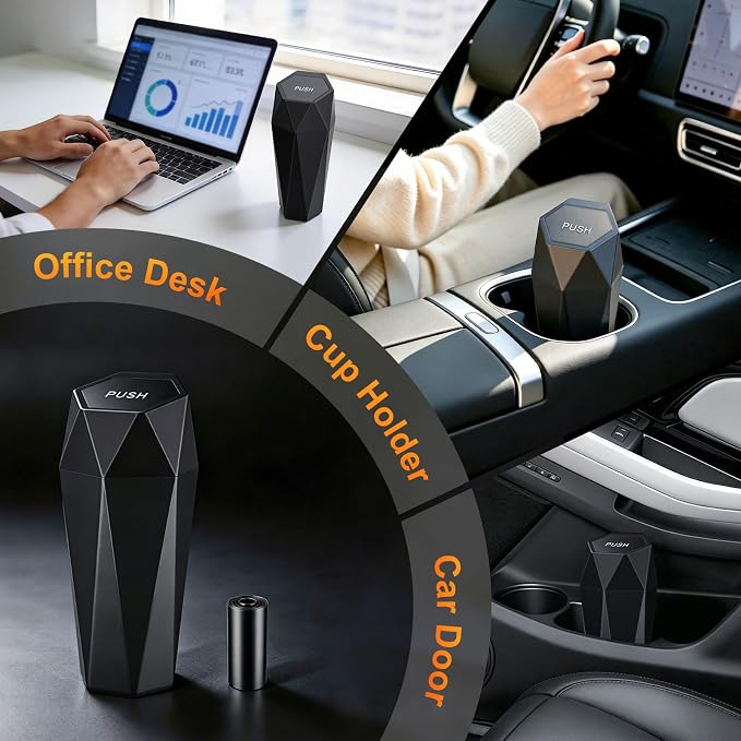 Car Trash Can with Lid, Diamond Design Small Automatic Portable Trash Can with 1 Trash Bag, Easy to Clean, Used in Car Home Office (Black)