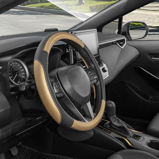 Steering Wheel Cover for Car, Standard Size 14.5-15 inch, Auto Interior Accessories, Black with Golden Carbon Fiber Pattern