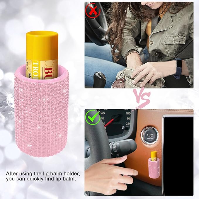 Upright Car Chapstick Holder, Bling Insulating Lip Balm Holder,Rhinestone Car Accessories for Women Interior,Suitable for Most Vehicles. (Pink)