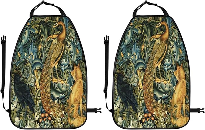 William Morris Forest Animals Raven Fox Peacock Blue Green Floral Car Seat Back Kick Protectors Kick Mats With Storage Pockets For Vehicles To Protect From Dirt Mud Scratches 2 Pack