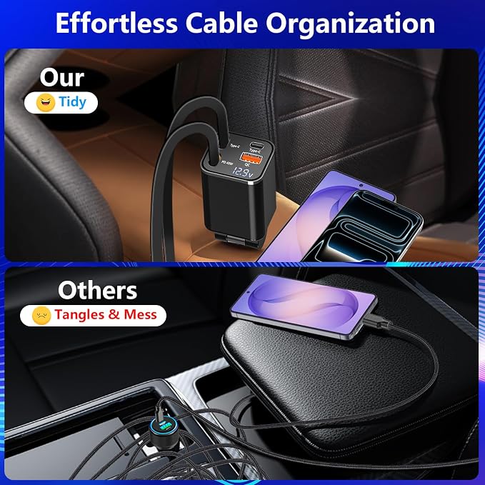 [Apple MFi Certified] Retractable Car Charger, 120W USB C Car Charger Dynamic Power Adapter 4 in 1 PD/QC Type C Fast Charging Cigarette Lighter for iPhone 17/17 Pro Max/16 Pro/15/Galaxy/Pixel