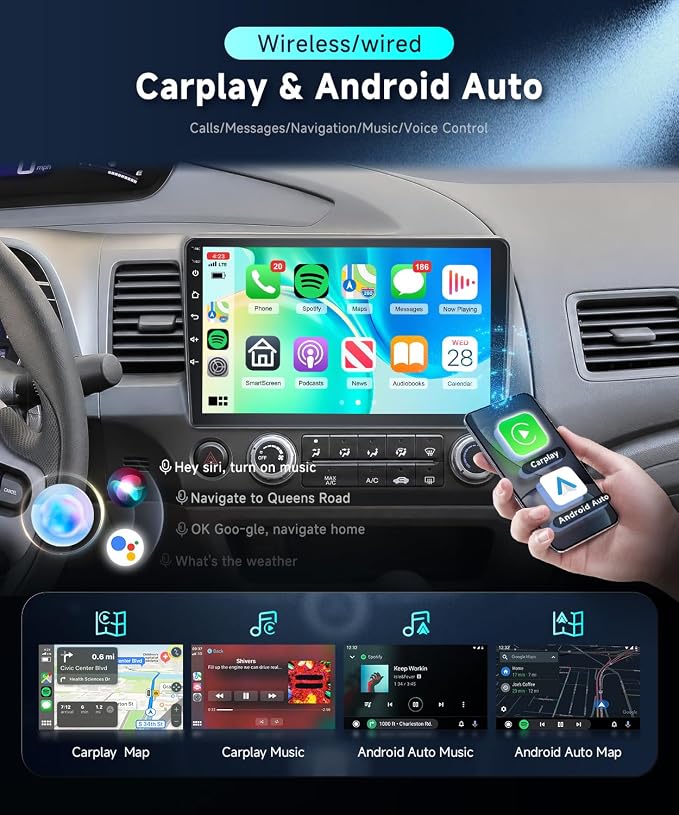 DSP Car Stereo Radio for Honda Civic 2006-2011 with Wireless Carplay Android Auto MirrorLink 10.1 inch HD Touch Screen Built-in GPS 26UIs 5.0Bluetooth Car Radio 5G WiFi AHD Backup Camera Mic