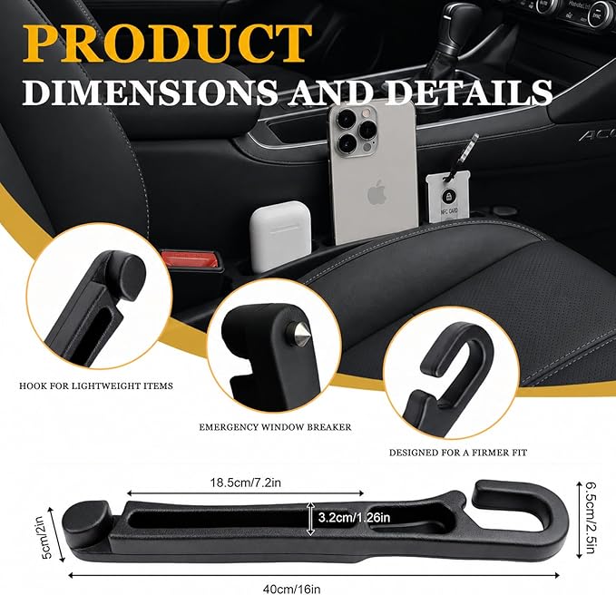2 PCS Car Seat Gap Filler Compatible with Explorer, Edge, Escape, Expedition & Bronco Sport Accessories, Seat Gap Organizer with Emergency Glass Breaker & 1 Sunglasses Holder, Black.