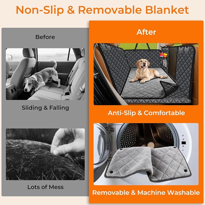 Dogs Back Seat Extender with Non-Slip Blanket, 2 in 1 Hard Bottom Dog Car Seat Cover & Removable Dog Car Bed Mat, Waterproof Dogs Hammock for Car and SUV, Pet Rear Seat Protector Holds 400lbs