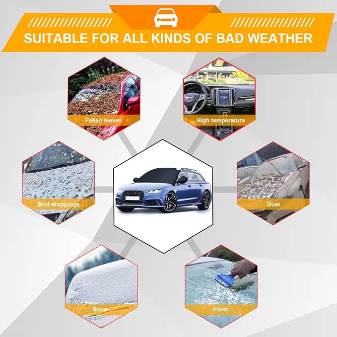 Mandark Car Windshield Cover for Ice and Snow, Waterproof Oxford Vehicle Sun Shade Defense Frost Protector with Side Mirror Cover, Auto Windscreen Protective Guard, Universal for Most Cars