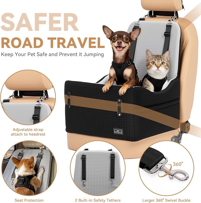 Dog Car Seat for Small/Medium Dogs Up to 35 lbs – Patented Safety System, 5" Memory Foam Pet Booster Car Seat, Fully Detachable and Washable Dog Carseat with 2 Storage Pockets (Black & Grey)