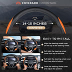 Coverado Car Steering Wheel Cover, Nappa Leather Black & Orange Steering Wheel Covers for Women, Universal 14-15 inch, Anti-Slip, Breathable Steering Wheel Protector