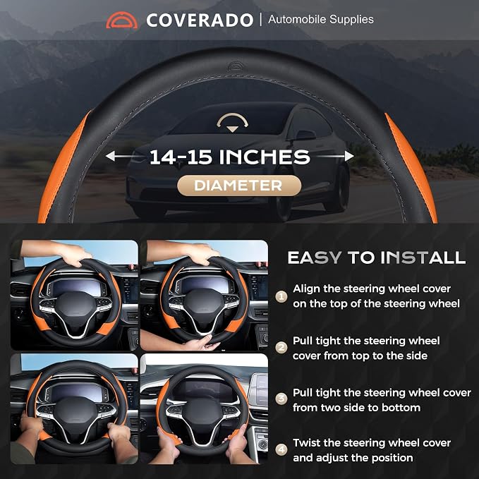 Coverado Car Steering Wheel Cover, Nappa Leather Black & Orange Steering Wheel Covers for Women, Universal 14-15 inch, Anti-Slip, Breathable Steering Wheel Protector