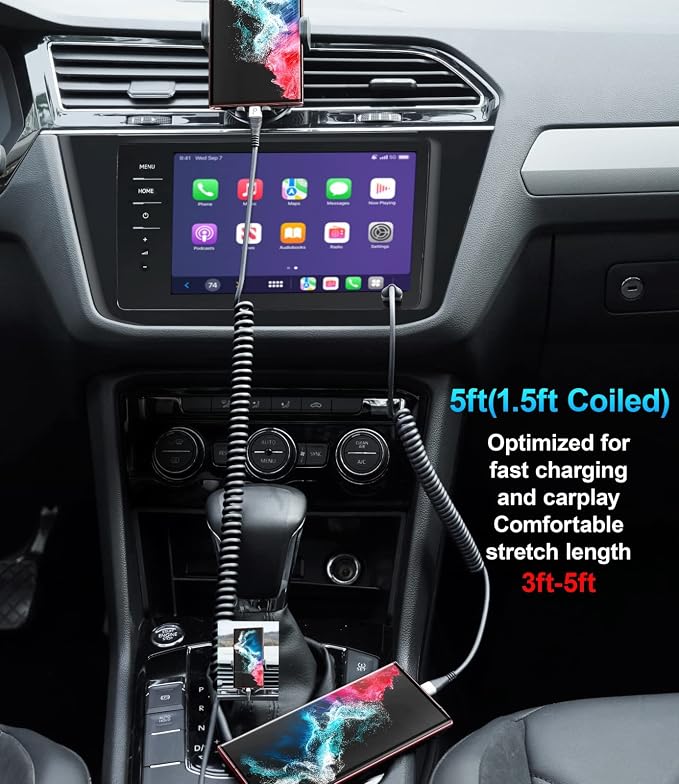 USB Type C Cable Fast Charging, 2Pack 5ft Coiled USB A to USB C Charge Cable for Car Android Auto Charging Cord Compatible with iPhone 17/16/15/Plus/Pro/Samsung Galaxy S20 S10 and More USB C Devices