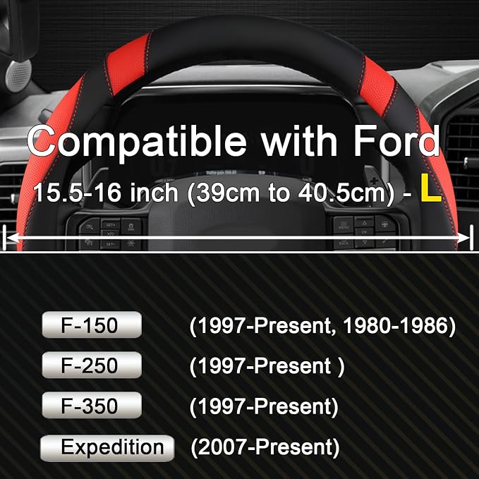Customized Auto Car Steering Wheel Cover for Ford F-150, F-250, F-350, Expedition (Black+Red)