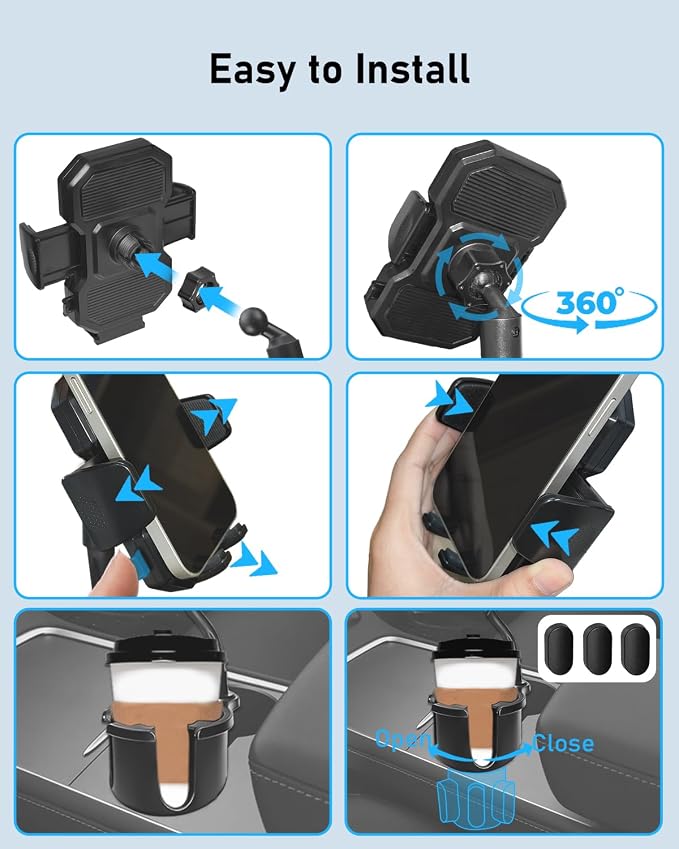 Car Cup Holder Expander with Phone Holder | 2 in 1 Car Phone Mount & Cup Holder, Adjustable 360° Rotation Gooseneck, U-shaped Handle Slot, Fits Phone and Drinking Bottle