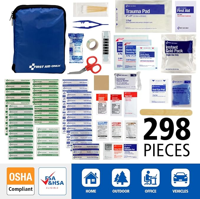 298 Piece All-Purpose Emergency First Aid Kit for Home, Office, Car, Apartment, Dorm, and Camping, Travel-Friendly Compact Pouch Fits in Backpacks, Suitcases, Cabinets, and Drawers