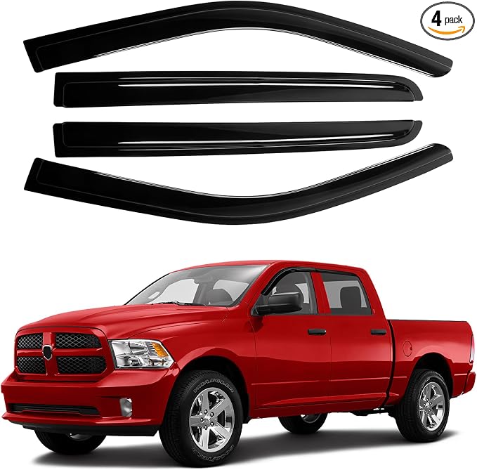 Window Visors Rain Guards for Dodge Ram 1500 Crew Cab 2009-2018/Ram 2500&3500 Crew Cab & Mega Cab 2010-2026/Ram 1500 Classic Crew Cab 2019-2024, Tape-On Side Window Deflectors Vent Visors 4PCS