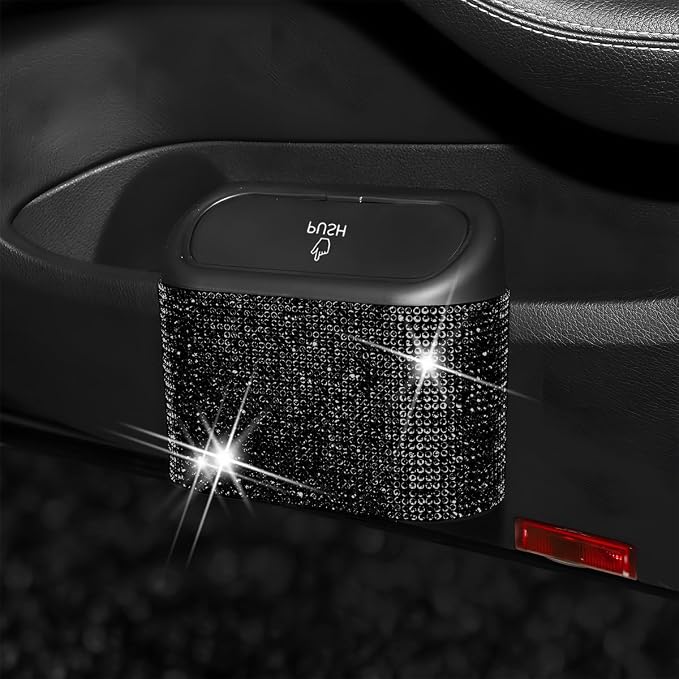 Bling Car Trash Can with Lid, Crystal Rhinestones Leakproof Auto Garbage Hanging Container Bin, Multipurpose Diamond Dustbin Storage Organizer, Universal Vehicle Accessories (Black)