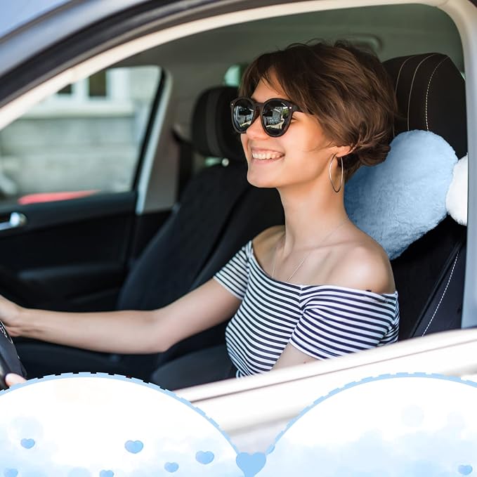 2 Pcs Plush Heart Shaped Pillow with Angel Wings Car Headrest Soft Comfortable Seat Pillow for Driving Travelling Room Office Car Decor, 19.7 x 8.3 Inch(Light Blue)