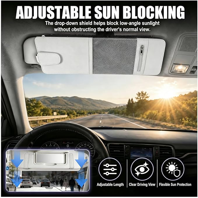 Car Sun Visor Extender, Leather Multi-Pocket Clip-On Auto Visor Organizer, Adjustable Anti-Glare Vehicle Interior Sun Blocker Attachment for Glasses, Driver's License, Ticket (Gray)