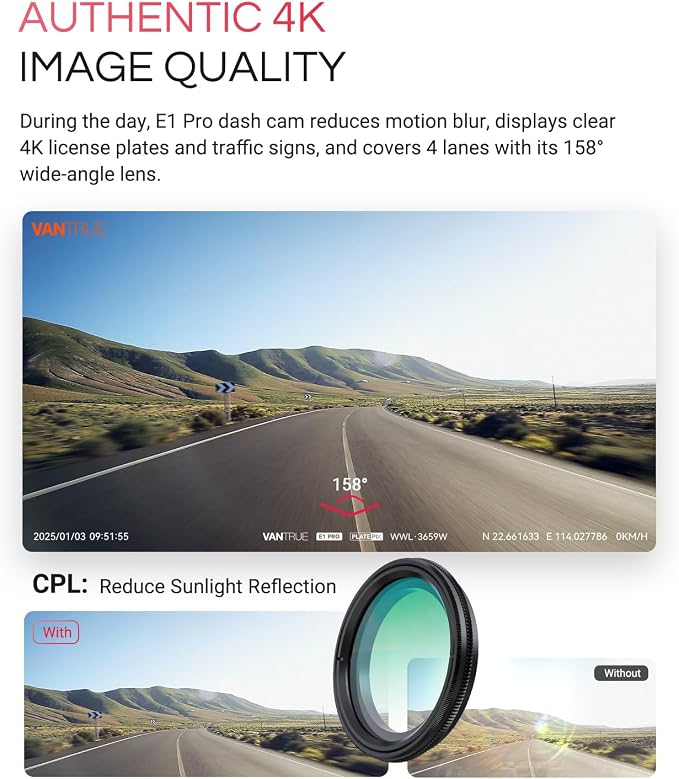 E1 Pro 4K Mini Dash Cam Front, STARVIS 2 PlatePix HDR Night Vision Car Camera, Built-in 5G WiFi GPS, 1.54'' IPS Screen, Voice Control, 24/7 Buffered Parking Mode, Support 1TB Max