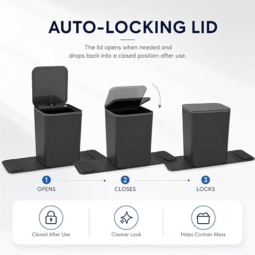 Mini Car Trash Can with Press Lid, Leakproof One-Piece Design, ABS Plastic Garbage Bin with Stainless Steel Spring for Auto Interior (Black)