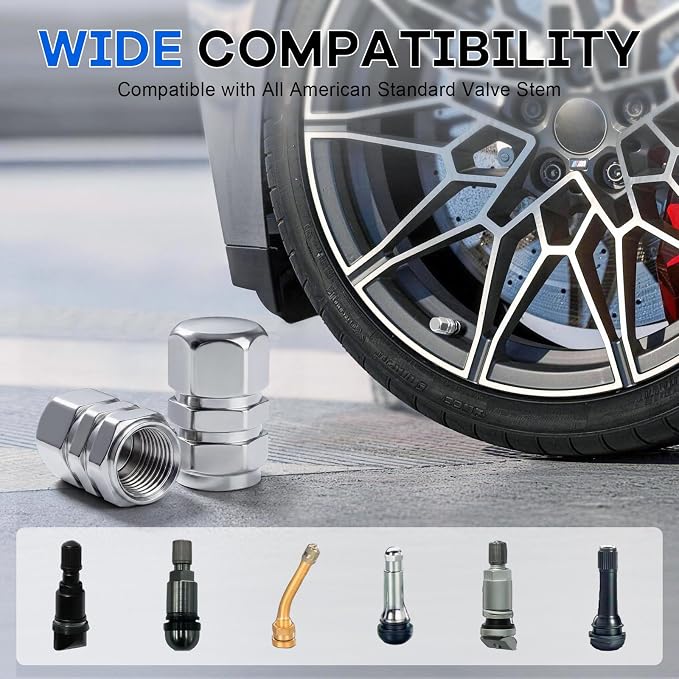 Car Tire Valve Stem Caps, 12pcs Air Caps Cover, Universal for Cars, SUVs, Bike, Trucks and Motorcycles-Silver
