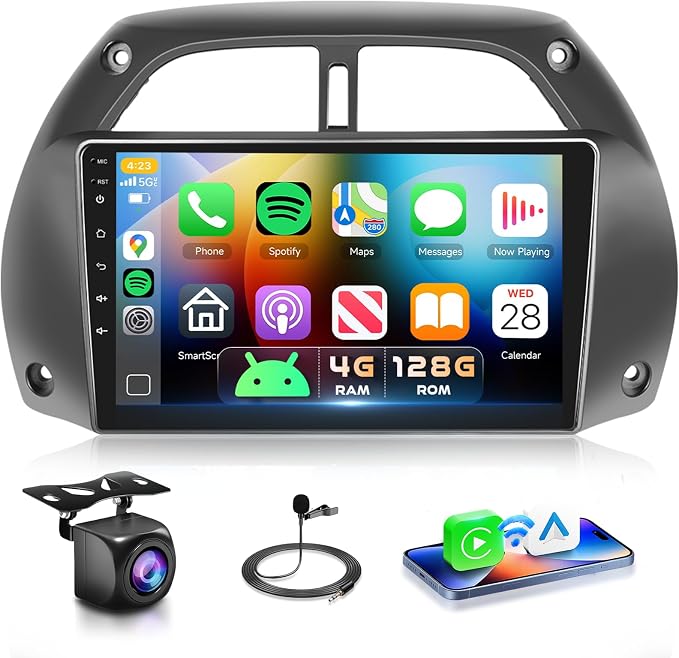 4G+128G Car Radio for Toyota RAV4 2001-2006 Stereo 9 inch in-Cell Screen Full Touchscreen Wireless CarPlay/Android Auto Android 15 Bluetooth DSP FM/RDS GPS WiFi SWC AHD Backup Camera
