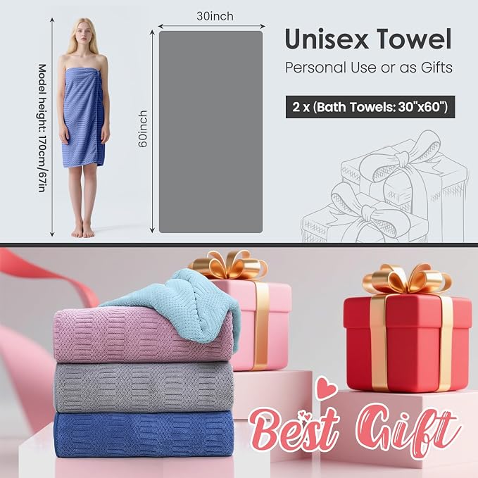 Microfiber Bath Towels, Large Bathroom Towel 2 Pack (30" x 60"), Oversized, Soft, Super Absorbent and Fast Drying, Multipurpose Use for Sport, Fitness, Yoga, Diamond Cross Grid Navy