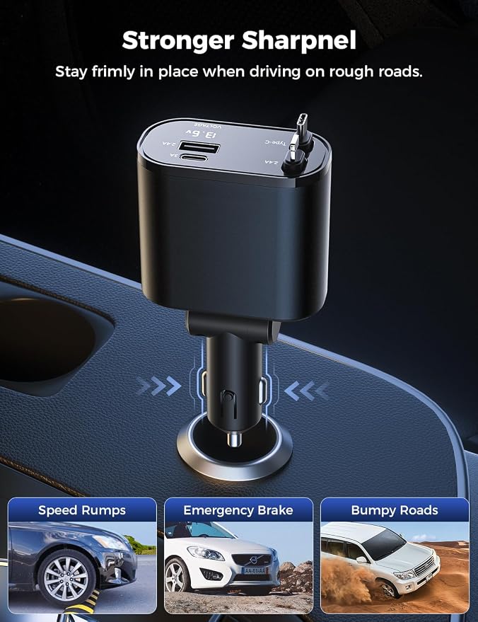 Retractable Car Charger for iPhone with Dual Type C Cables, 4 in 1 USB C Car Charger Adapter with 69W Fast Charging Compatible with iPhone 17 16 15 14 13 12 11 Pro/XS/XR/SE/iPad/Airpods
