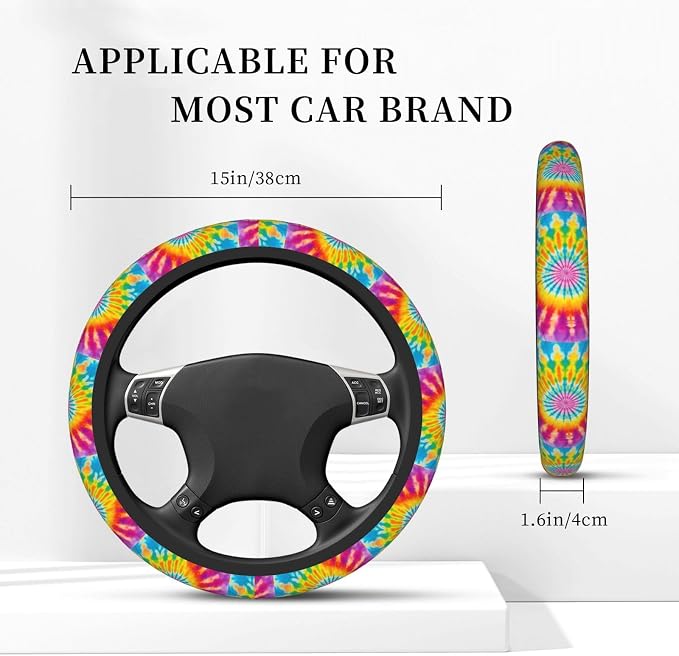 Rainbow Steering Wheel Covers Anti-Slip and Practical 14.5-15 Inch Universal Car Steering Wheel Cover with 2 Pieces Car Coasters Suitable for Men Women
