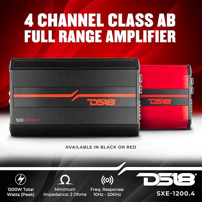 SXE-1200.4/BK Car Amplifier Stereo Full-Range Class A/B 4-Channel 60x4 RMS @4 OHM 1200 Watts - Powerful and Compact Amp for Speakers in Car Audio System