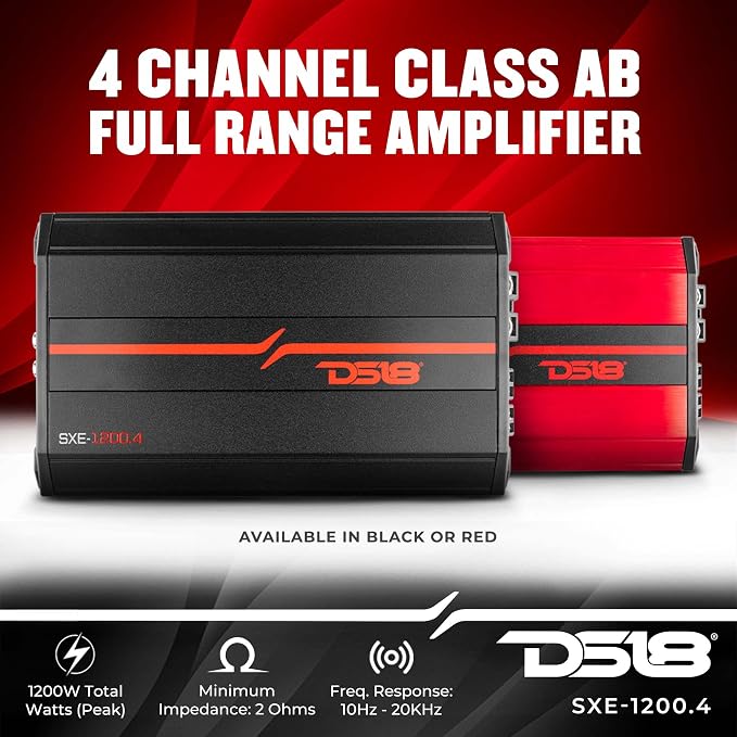 SXE-1200.4/RD Car Amplifier Stereo Full-Range Class A/B 4-Channel 60x4 RMS @4 OHM 1200 Watts - Powerful and Compact Amp for Speakers in Car Audio System