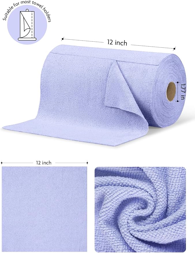 Microfiber Cleaning Cloth Roll- 75 Sheets, 12"x12" (Lavender) | Super Absorbent, Lint-free, Tear-away Microfiber Towel Roll, for All-Purpose Cleaning, Reusable Alternative to Paper Towels