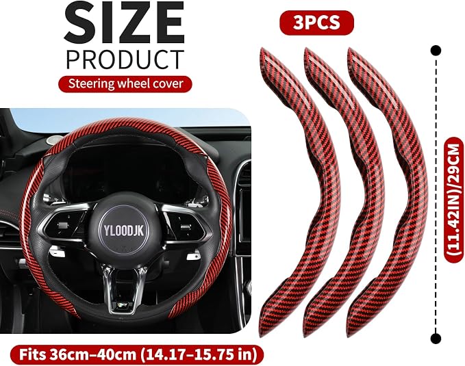 Universal Steering Wheel Cover,Carbon Fiber,3pcs Set(red) | Clip-On Segmented Fit;Carbon Fiber Look;Fits Most 14-16 in Round or D-Shaped Wheels;Easy Wipe Clean;Non Slip;4 Colors
