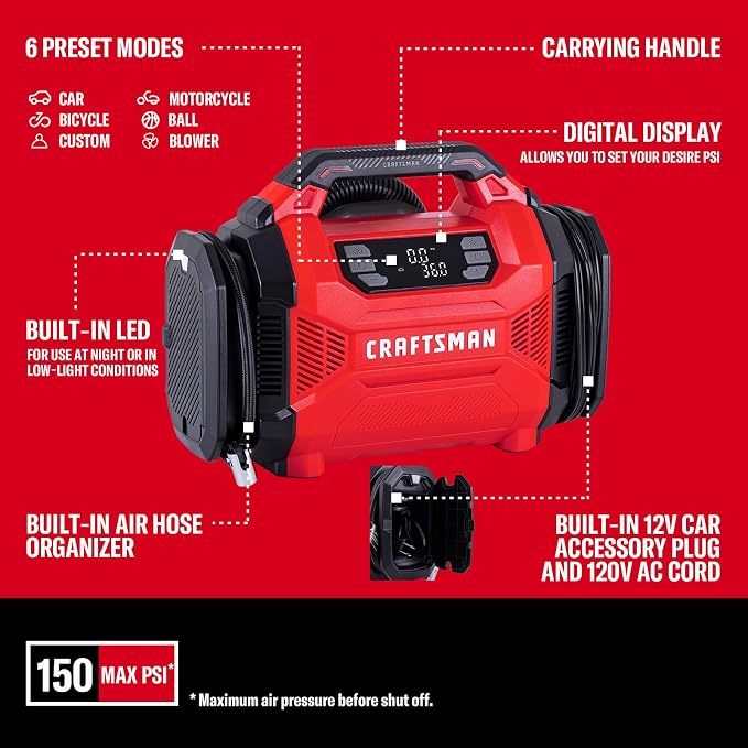Dual Power Tire Inflator with Digital Gauge & Auto Shut-Off | 12V DC Car Plug and 120V AC Home Use with Up to 150 PSI, LED Light, Portable Air Pump for Car Tires, Bikes and Inflatables
