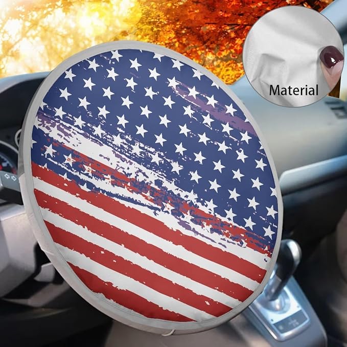 US Flag Steering Wheel Sun Shade Cover Cooling Steering Wheel Sun Block Anti-Heat Aluminum Foil Steering Wheel Cover Steering Wheel Sun Heat Shield for SUV Truck Van