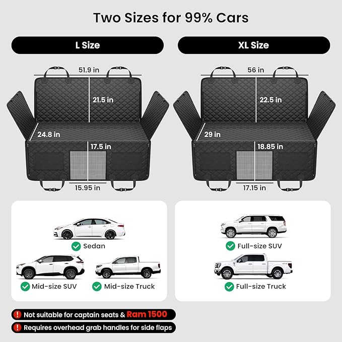 Dog Truck Seat Cover for Back Seat, Hard Bottom Dog Hammock for Car, Pet Bed Extender for 2-4 Large Dogs, Waterproof Seat Protector, Universal XL Size Fits for Crew Cab Truck/SUV, Black