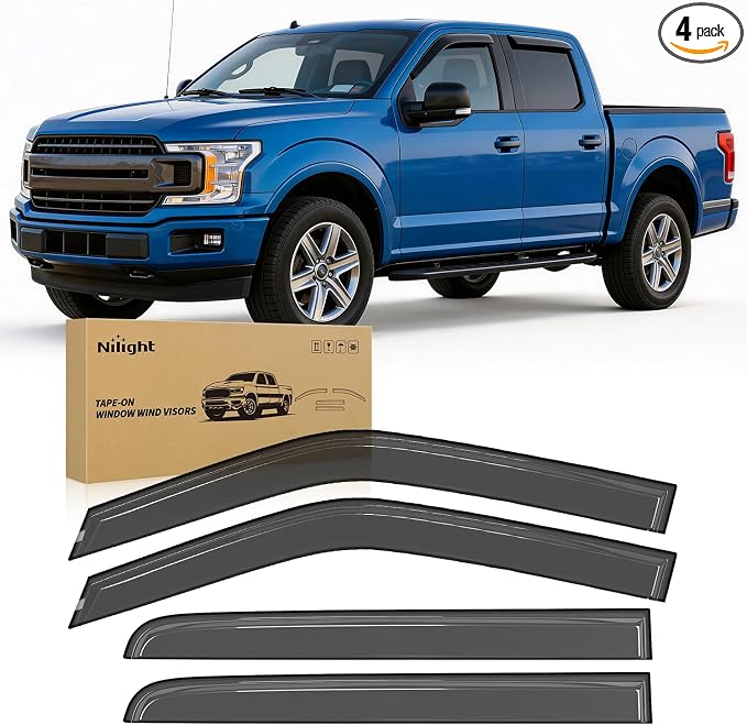 Tape-On Rain Guards for 2015-2025 Ford F150 SuperCrew, 2017-2025 Ford Raptor Crew Cab, 2017-2025 Ford F250 F350 F450 F550 Super Duty Crew Cab, Outside Mount Window Visor, 4PCS