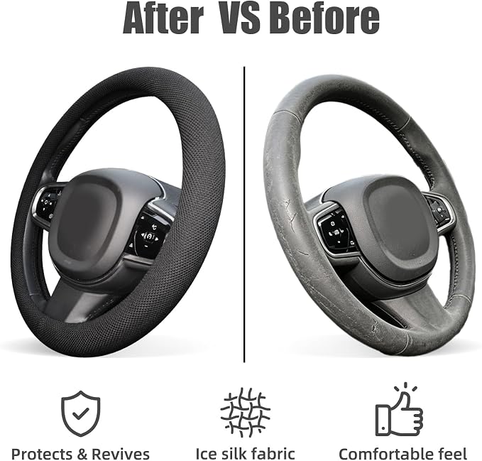 15 Inch Black Steering Wheel Cover for Cooling, Microfiber Ice Silk Non-Slip Breathable Cooling Steering Wheel Protector with Upgraded Silicone Inner Ring Warm in Winter Cool in Summer