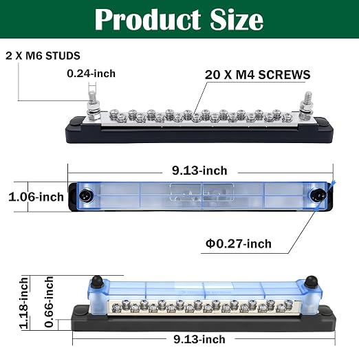 20 Power/Ground Distribution Block, Marine Bus Bar 12V Waterproof 150A Battery Terminal Junction Block for Automotive RV Solar Wiring, Boat Bus Bar Kit 2 x M6 Posts, 20 x M4 Terminal Screws