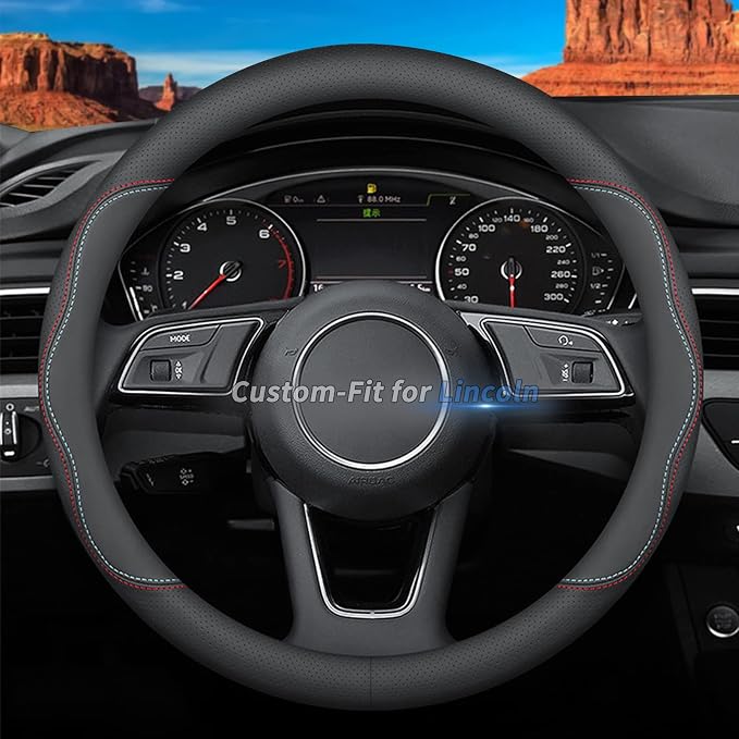 Deer Route Custom-Fit for Lincoln Steering Wheel Cover, Premium Leather Car Steering Wheel Cover with Logo, Non-Slip, Breathable, for Lincoln Accessories (A-Style,for Lincoln)