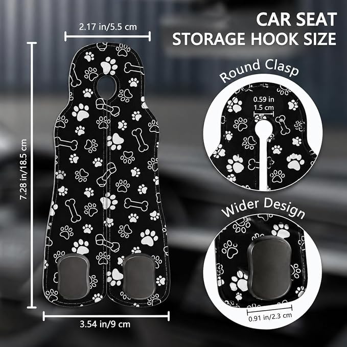 Cute Black Paw Car Seat Back Storage Headrest Hooks for Purses & Bags – 2PCS PU Leather Dual Metal Hooks, Backseat Organizer Accessories