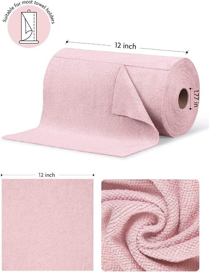 Microfiber Cleaning Cloth Rolls- 675 Sheets (9 Rolls of Pink) | 12'' by 12'', Super Absorbent, Lint-free, Tear-away Microfiber Towel Roll, for All-Purpose Cleaning