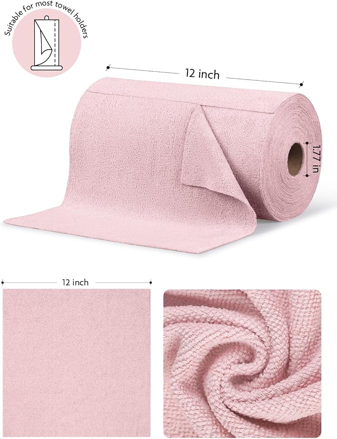 Microfiber Cleaning Cloth Roll -75 Pack, 12" x 12" (Pink) | Reusable Alternative to Paper Towels, Ultra Absorbent, Lint-free Microfiber Towel Roll, for All-Purpose Cleaning