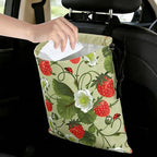 Strawberries and Leaves Car Trash Bag - Waterproof Car Trash Bag Hanging Leakproof Car Garbage Bag - Washable Reusable Trash Bag For Car Interior Hanging Organizer Storage Vehicle Travelling Camping