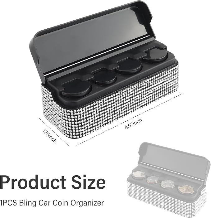 carleef Bling Coin Holder for Car,4 Compartment Car Organizers and Storage with Rhinestones Compatible with Quarter/Nickel/Pennies/Dimes,Universal Coin Organizer for Car Truck SUV (White)