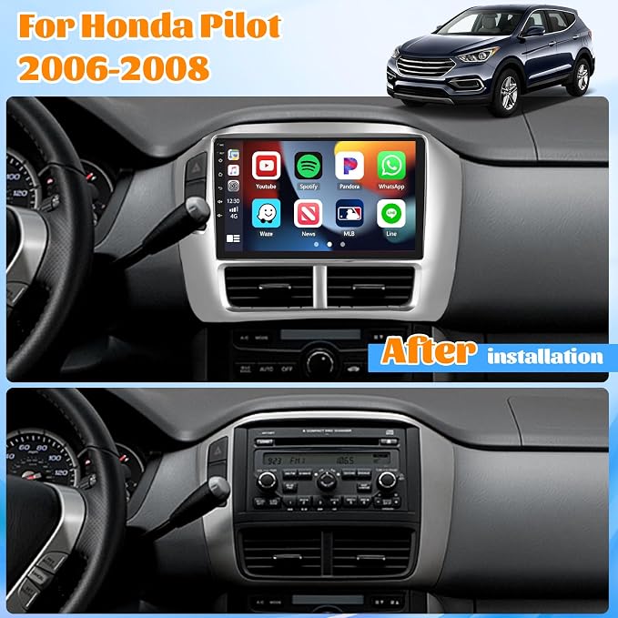 [DSP & EQ] 2+64G Car Radio for Honda Pilot 2006-2008 with Wireless Carplay/Android Auto, 9 Inch Touch Screen for Pilot Car Stereo with Bluetooth, GPS Navi, 5GHz WiFi, 28UI, FM/RDS + Backup Camera