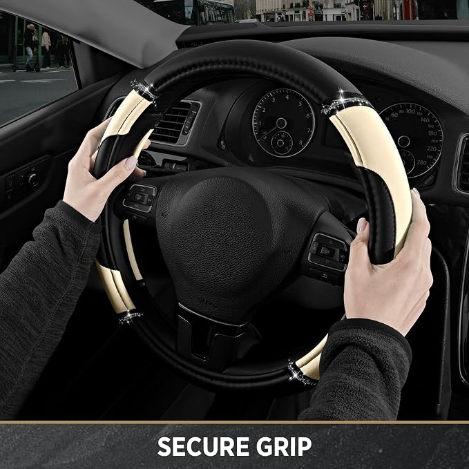 Leather Steering Wheel Cover - Made with PVC Leather - Anti-Slip, Universal Fit 14 1/2 inches to 15 inches - Milky White