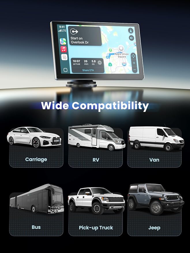 9" Wireless Apple Carplay Screen for Car, Portable Car Play Screen for Car & Android Auto, 4K Dash Cam, 1080p Backup Camera, GPS Navigation, Car Audio Receivers Mirror Link, Bluetooth, FM, Siri