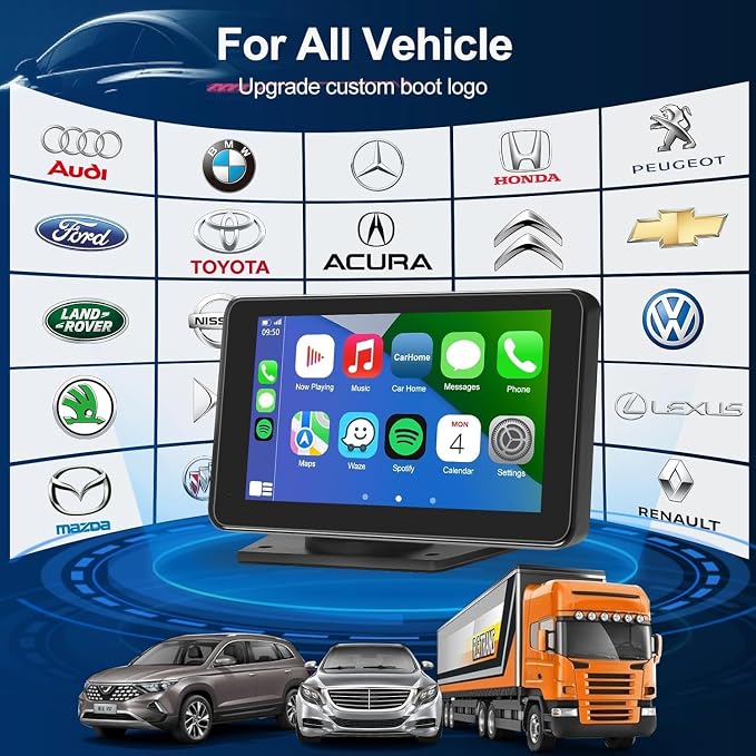 Wireless Apple CarPlay Screen with Fast Auto Connect, 7" Portable Android Auto Display for Car, Backup Camera, Bluetooth Audio, Voice Assistant & GPS Navigation