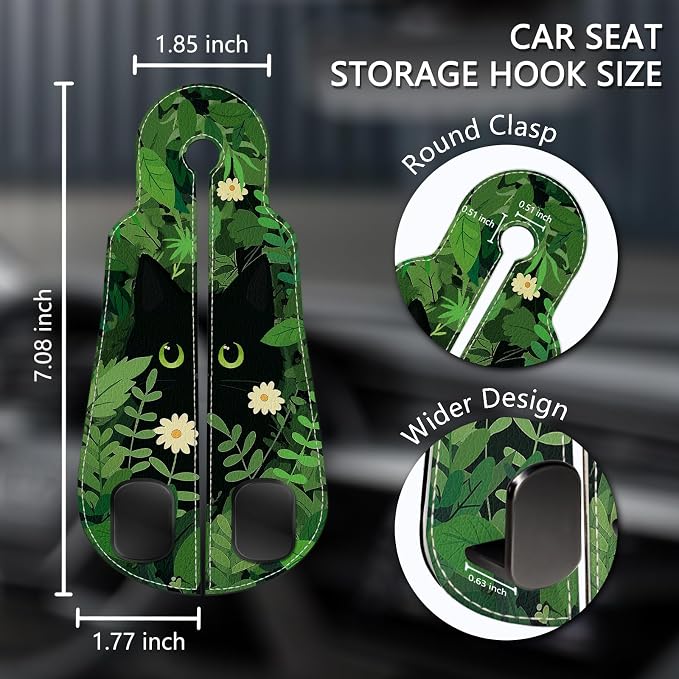 2PCS Car Seat Back Storage Headrest Hooks, Black Cat Floral Purse Holder Bags Hanger, PU Leather Double Metal Hook for Backseat Organizer, Women Car Accessories Organization